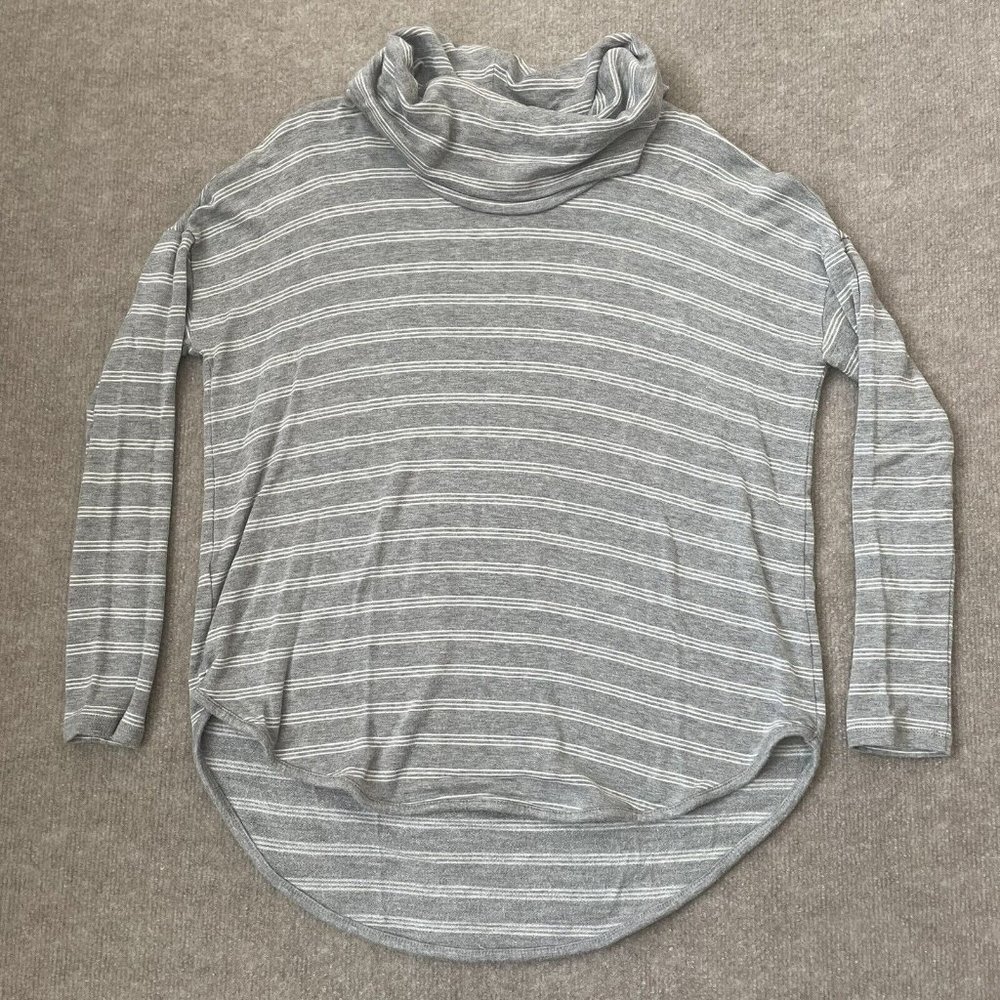 Lou & Grey Shirt Womens XS Grey White Striped Turtleneck Oversize High Low Hem